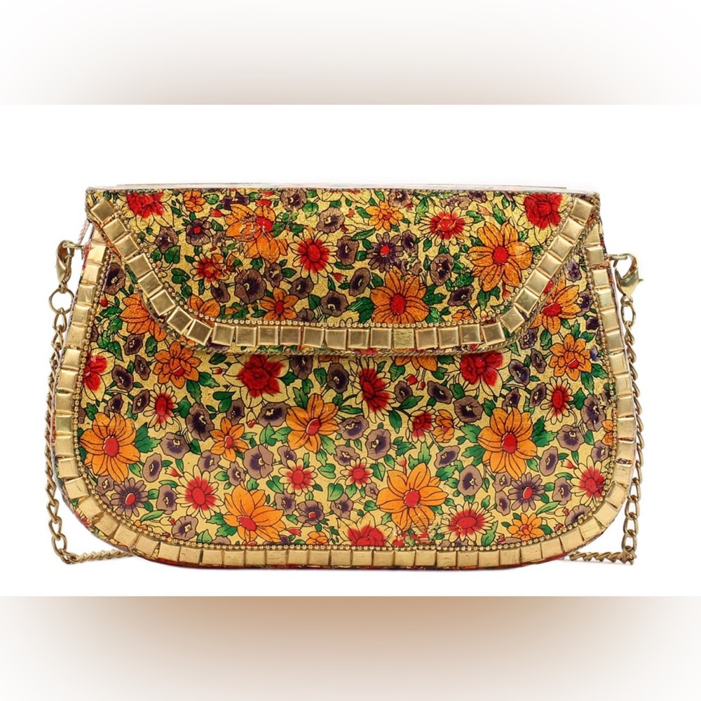 Vintage Metal Antik Kraft Floral Embellished Gold Evening Clutch